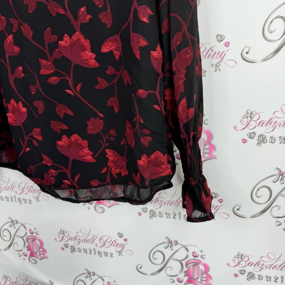 APRICOT blouse long sleeve flare detail smocked Black and Red Floral Blouse - Picture 3 of 7